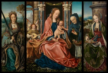 Heilige Familie mit musizierendem Engel, Heilige Katharina von Alexandrien, Heilige Barbara